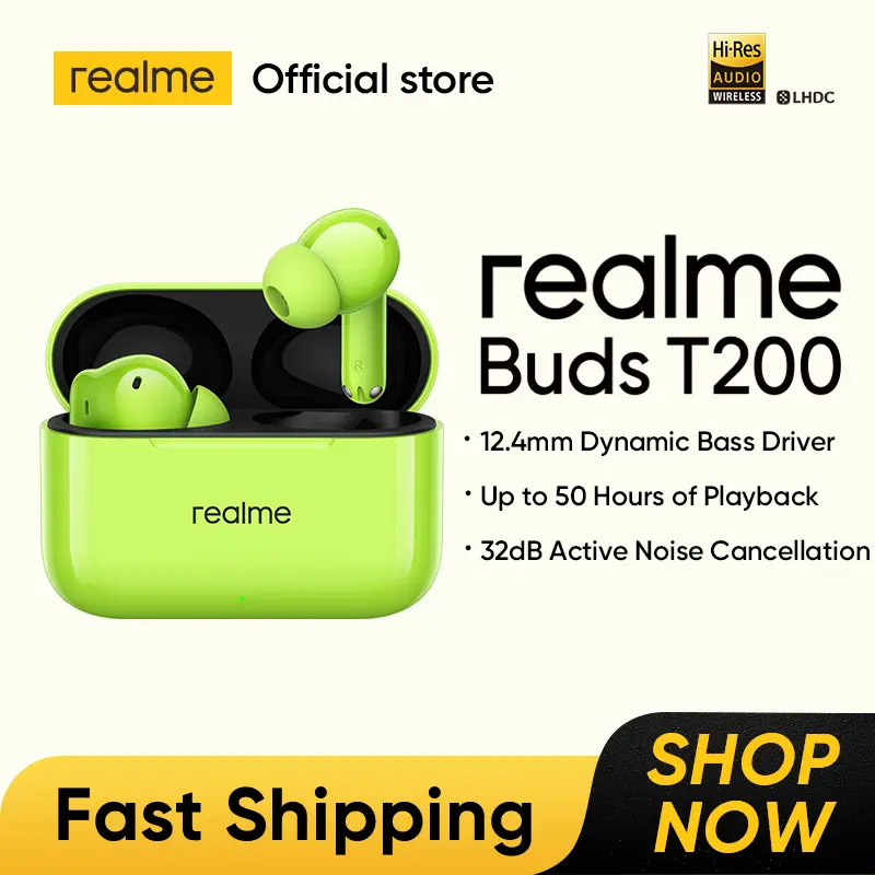 سماعات الريل مي Buds T200 اللاسلكية الحقيقية، مشغل باس ديناميكي 12.4 ملم، إلغاء ضوضاء 32 ديسيبل، حتى 50 ساعة من التشغيل، IP55