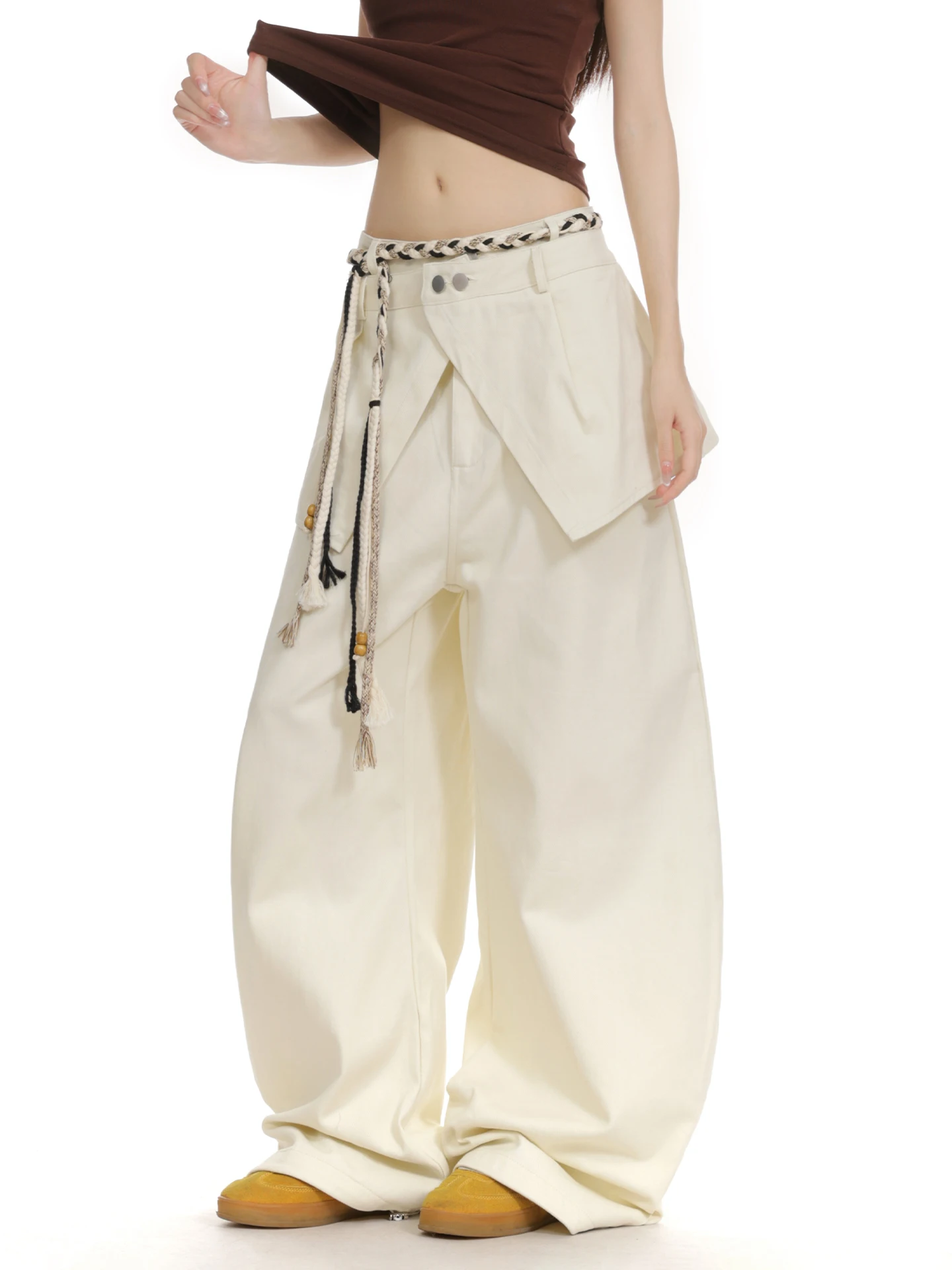 الأمريكية الرجعية نسج حزام الخصر سكين العمل بنطلون المرأة فضفاضة سليم واسعة الساق سراويل تقليدية عادية Sle l الخصر #5