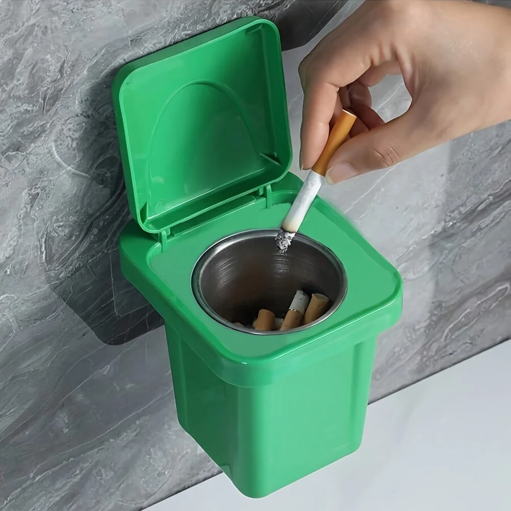 Aschenbecher, wandmontierter Mülleimer-Aschenbecher, Flugasche aus Edelstahl, quadratisches Design mit Deckel, Heim-Badezimmer-Dekoration