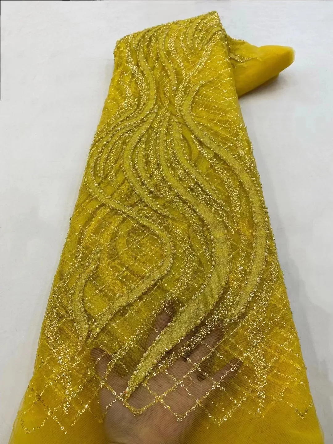 Yellow 2024 Latest Handmade Beaded French Lace Fabric Embroidery African Mesh Sequins Lace Fabrics For Wedding Dress