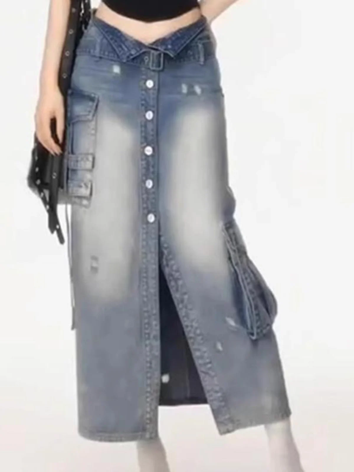 Cintura alta americana retro divisão workwear saia jeans comprimento médio f saia efeito de emagrecimento perfeito para outono inverno estações