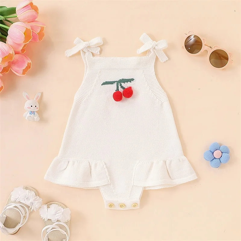 女の赤ちゃんのためのノースリーブニットロンパース,ネクタイ付きノースリーブジャンプスーツ,かぎ針編みのボディスーツ,新生児のためのオーバーオール,夏