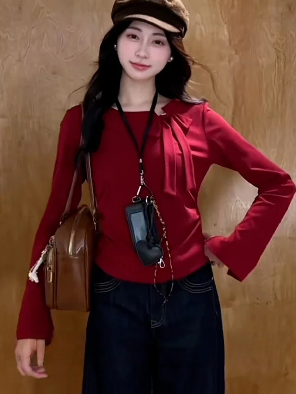 여성용 빈티지 스타일 캐주얼웨어 편안하고 통기성 좋은 가을 신상품 순면 긴팔 티셔츠