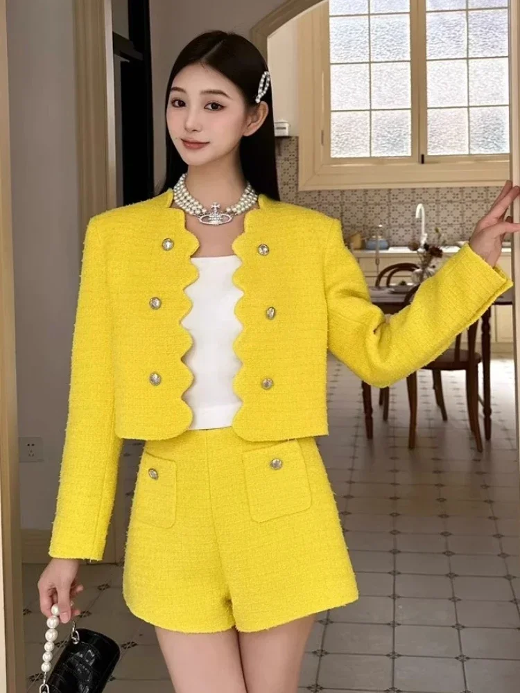 Elegant Tweed Lemon Yellow Suit Fall/Winter New French Commuter Wave Edge Short Coat+High Waist Shorts Slim 2-Piece Sets Women