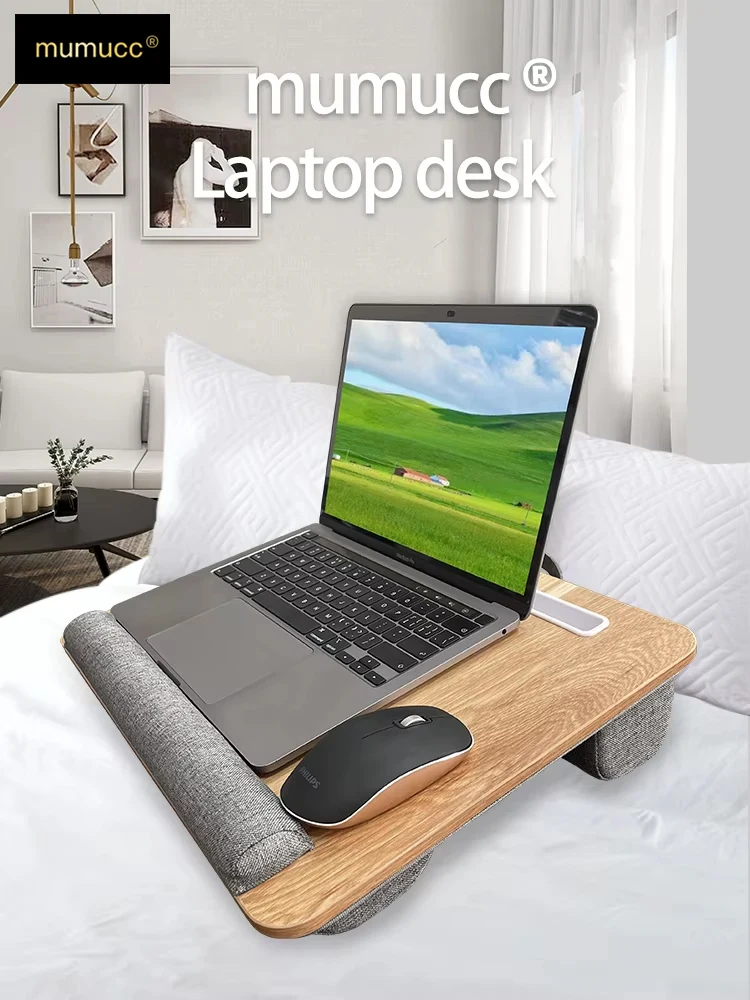 MUMUCC Wooden Suspended Bed Laptop Desk, Portable 15 Inch Bed Study Table with Handle, Sponge Cushion & ABS Slot, Compact