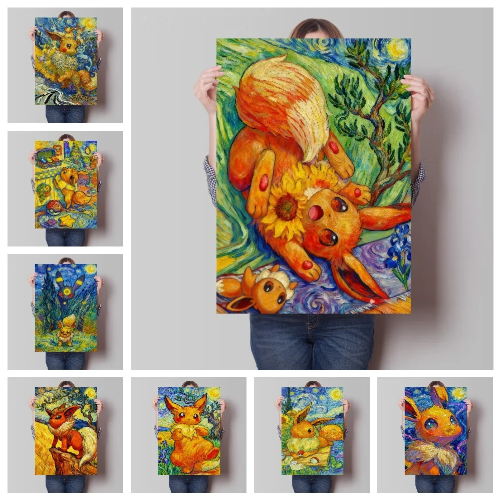 

Van Gogh Style Anime Figures Pokemon Eevee Watercolor Painting Canvas HD Posters and Abstract Art Murals Picture Home Decor