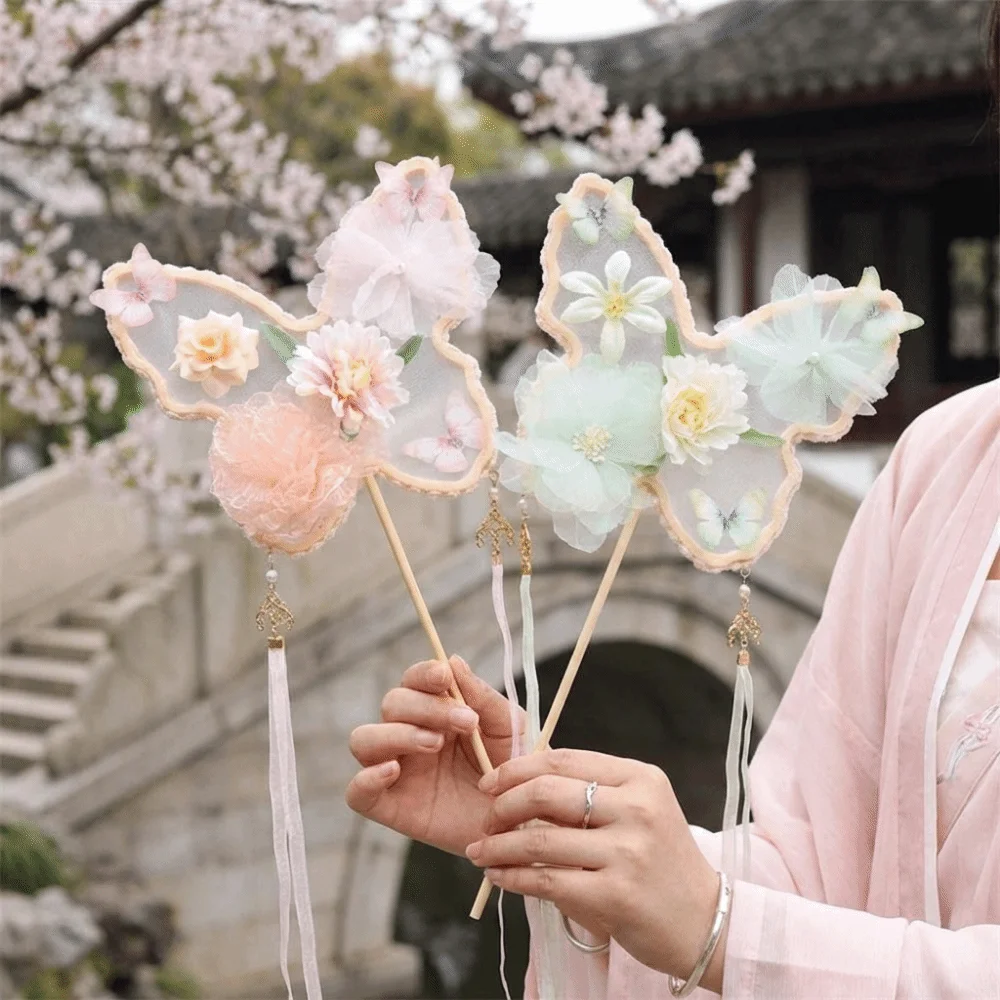 Handmade Butterfly Handheld Fan Decorative Long Handled Ancient Flower Fan with Tassel Dance Fan Artistic Performance