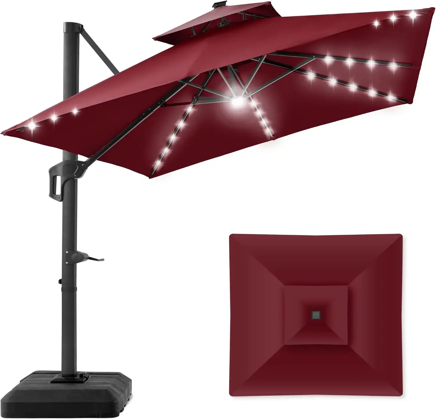 10x10ft 2-Tier Square Cantilever Patio Umbrella with Solar LED Lights, Offset Hanging Outdoor Sun Shade