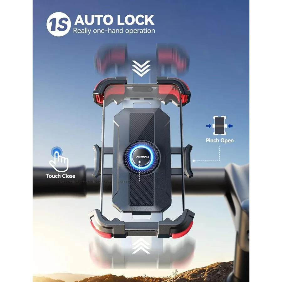 Soporte de montaje para teléfono de motocicleta, actualización de 2025, [tirón de amarre de Metal, bloqueo automático de 1 s], abrazadera para manillar de montaje para teléfono de bicicleta [sin vibración] Bi