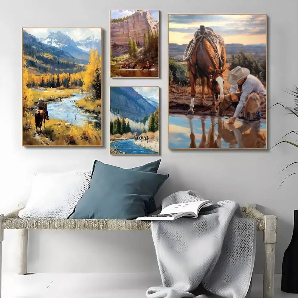 Cowboy Crossing The River Poster HD Quality Wall Art Retro Posters For Home Room Wall Decor Kawaii Room Decor