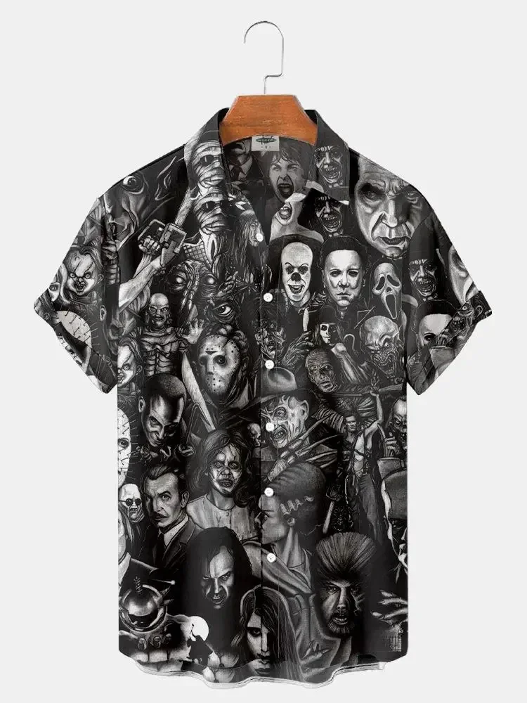 Heren Horror Shirt Film 3d Print Shirts Zomer Ademend Revers Strand Casual Single Breasted Tops Heren Korte Mouwen Kleding