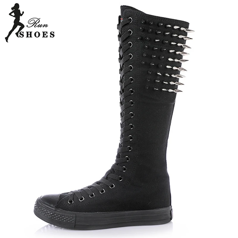 Rivet Knee-High Boots New Spring Autumn Women Shoes Canvas Casual High Top Boots Lace-Up Zipper Comfortable Flat Boot Sneakers