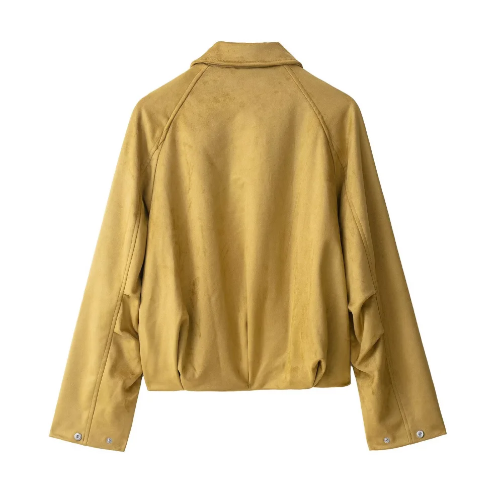 Jaket longgar wanita berbahan suede dengan kerah, lengan panjang, kancing, ritsleting, dan saku, jaket mode baru untuk musim gugur dan musim dingin.