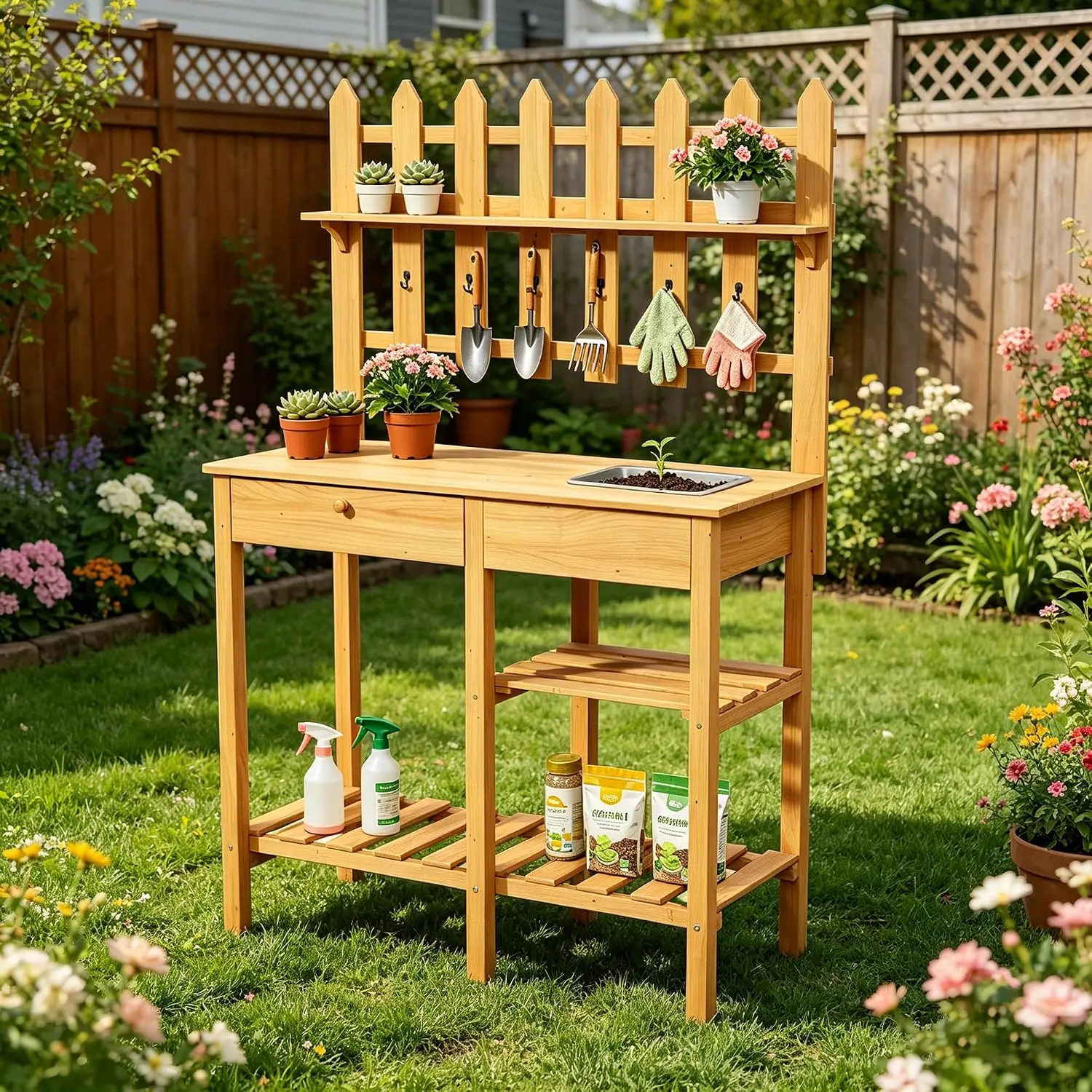Outdoor Potting Bench, Wooden Potting Table with Built-in Sink