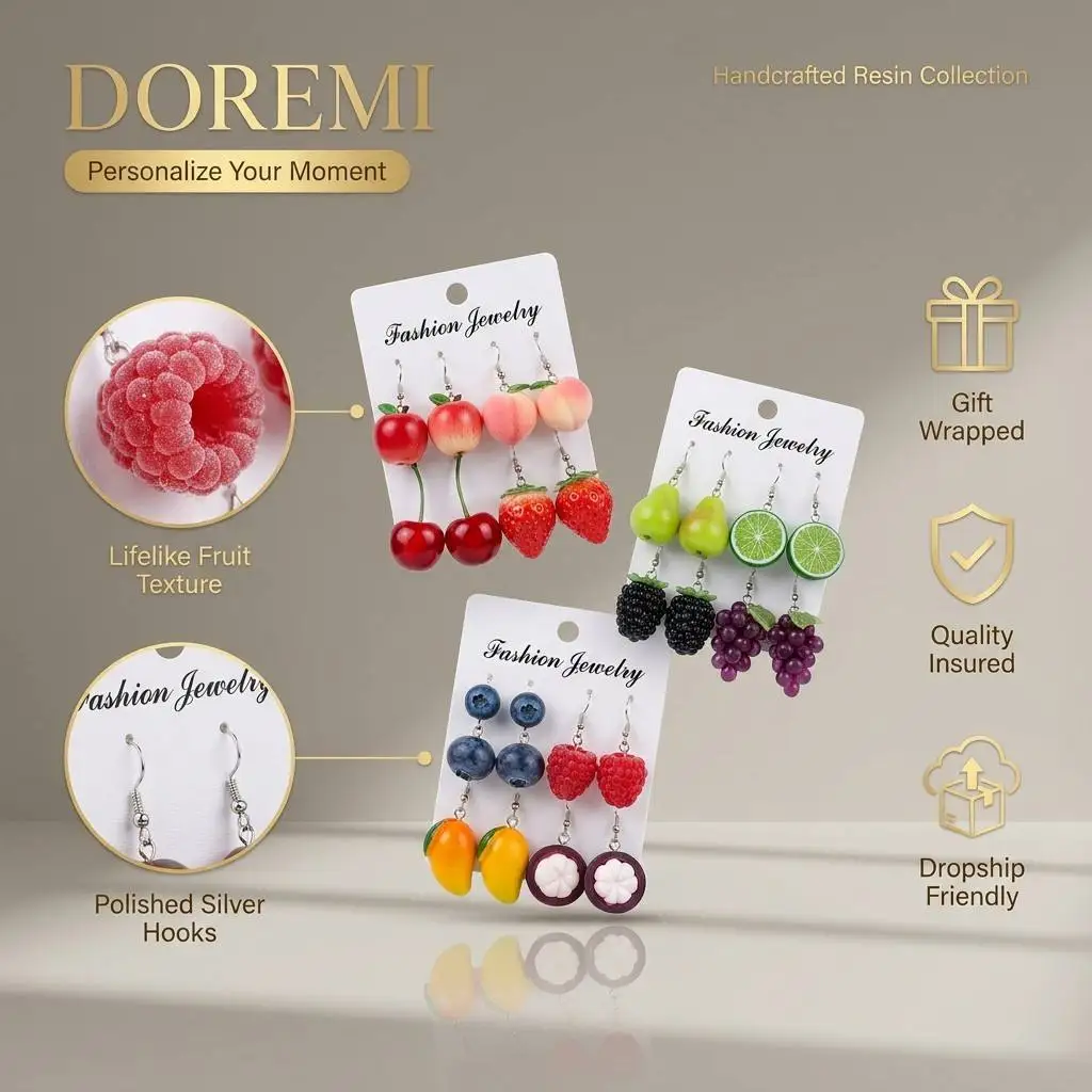 DOREMI Fruitcore Realistic Fruit Earring Set 5 Pairs Waterproof Stainless Steel Strawberry Peach Ins Style Jewelry Gift earrings