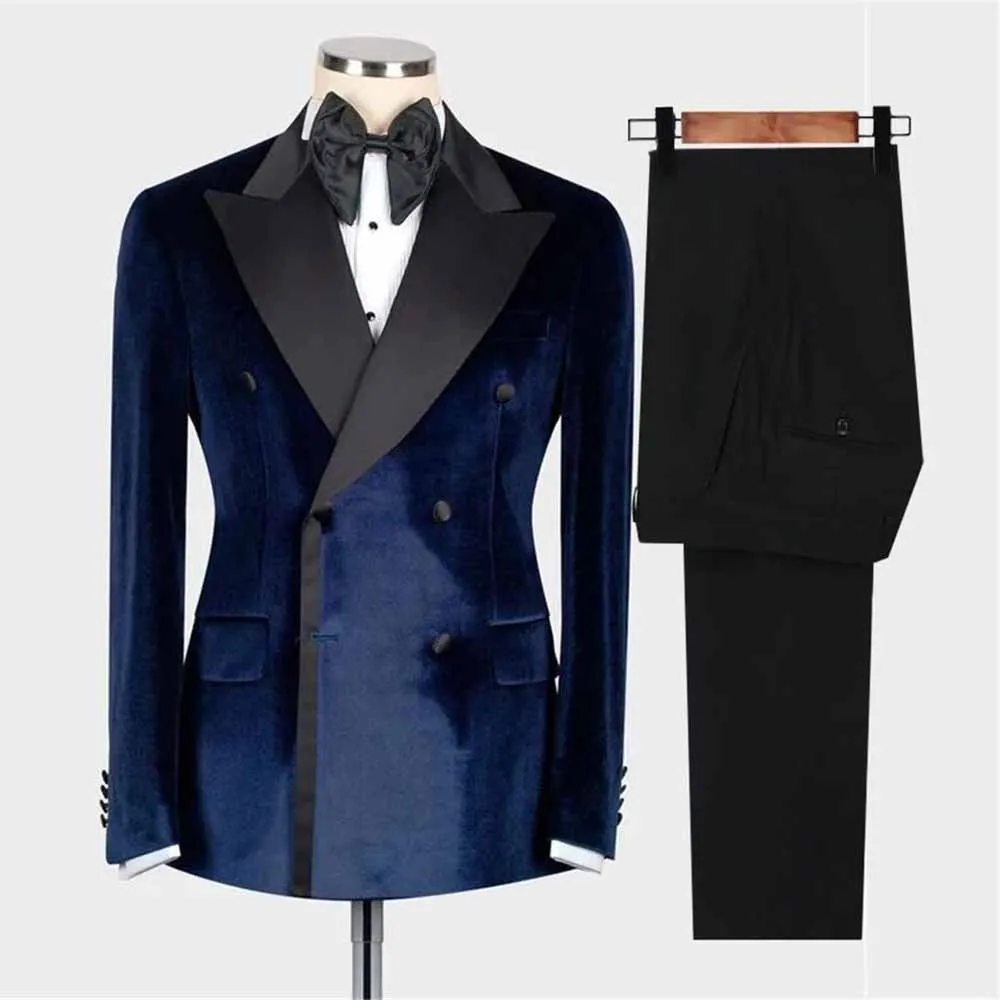 Elegant Men's Suits Blazer Double Breasted Velvet Black Peaked Lapel Formal Business 2 Piece Jacket Pants Slim Fit Costume Homme