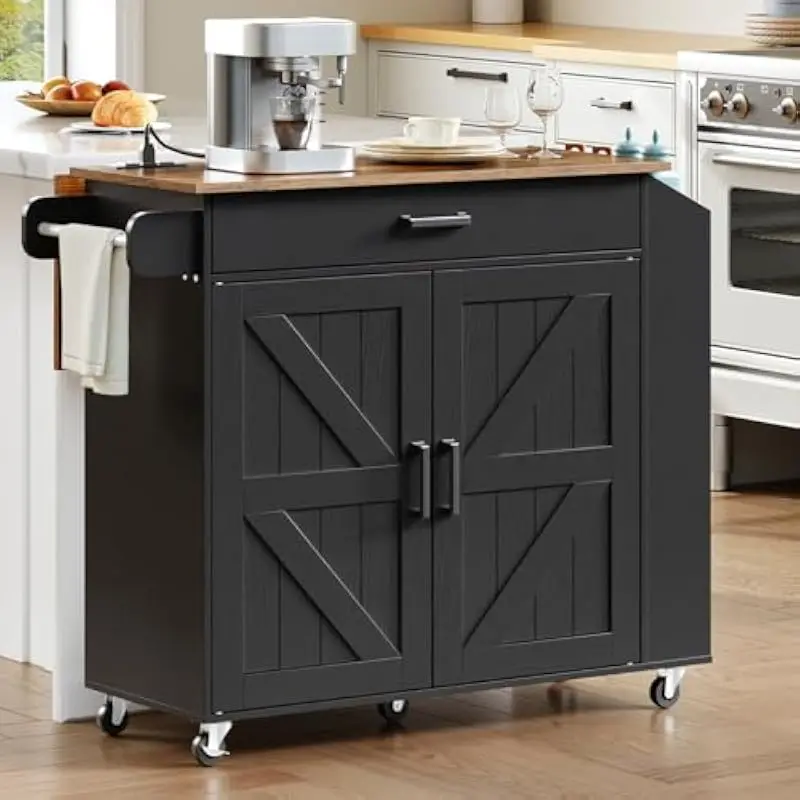 Rolling Kitchen Island Cart with Foldable Drop Leaf Countertop 26.7 Inch Extendable Surface Power Strip 3 AC Outlets 6.5 Ft Cord