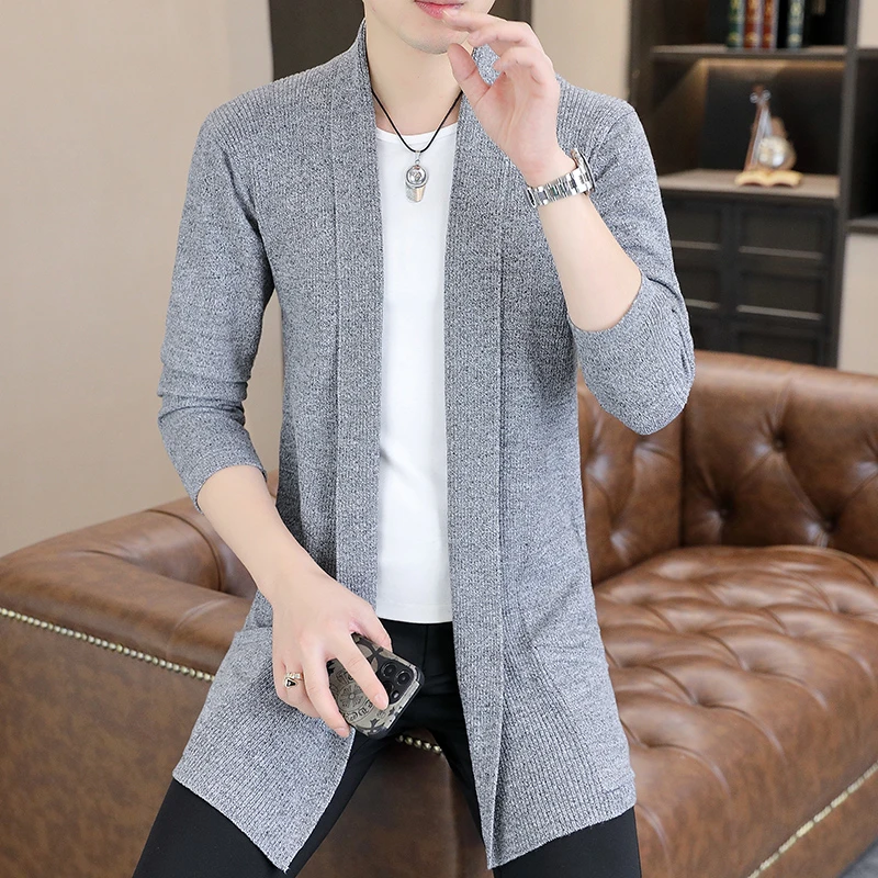 

Осень 2024, однотонные длинные куртки-кардиганы для мужчин, модные тонкие повседневные вязаные пальто без воротника, простой универсальный кардиган Hombres