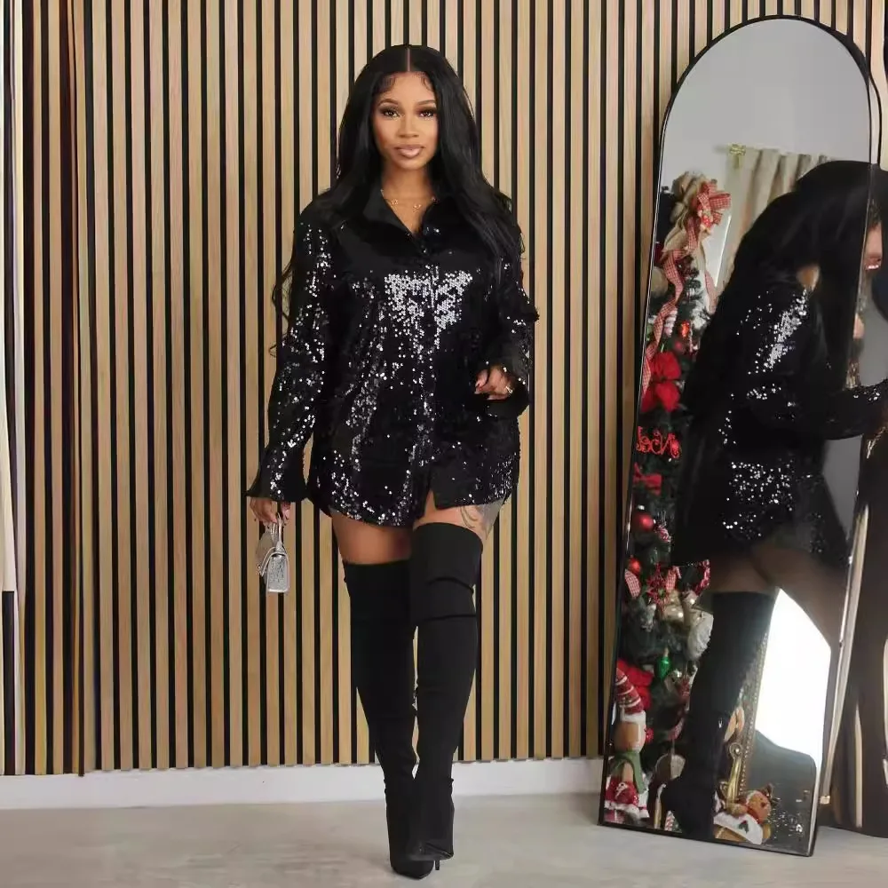 D8657 2025 유럽 여성용 스트레치 단색 스팽글 루즈핏 긴팔 약간 플레어드 셔츠 드레스