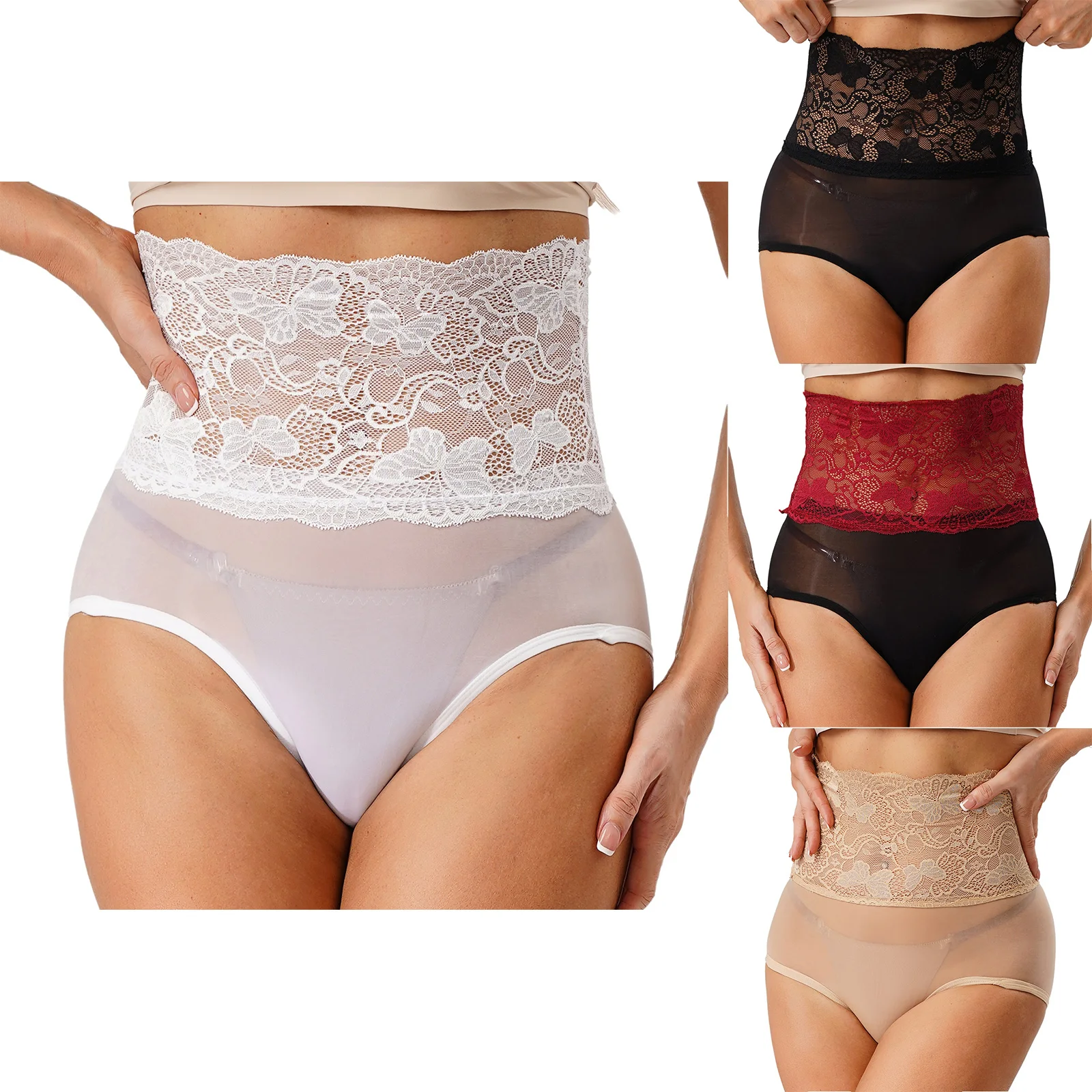 

Womens Sexy See Through High Waist Briefs Glossy Stretchy Floral Lace Patchwork Panties Honeymoon Dating Night Underwear