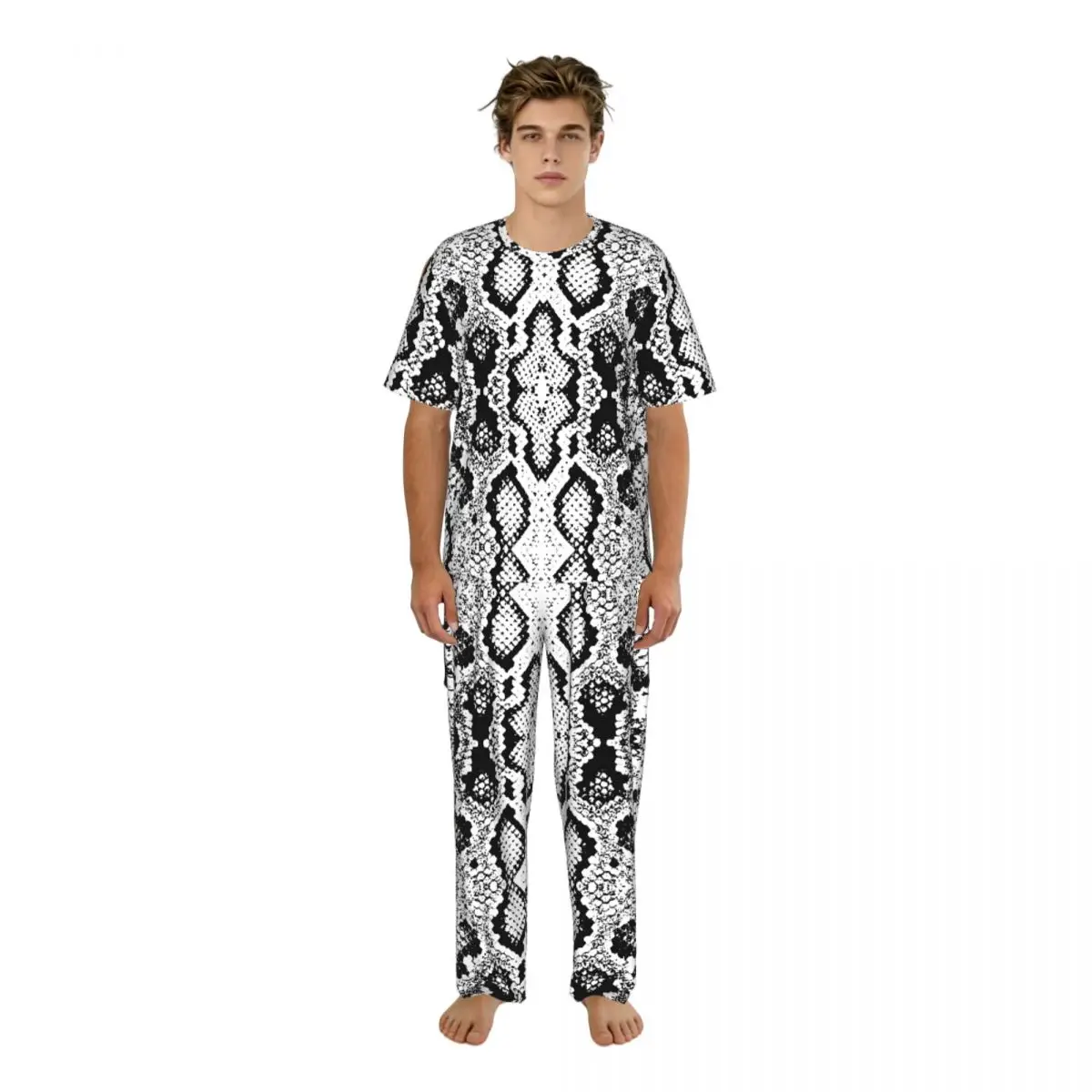 Men Pajamas Set Snake Skin Scales Texture Short Sleeve Spring Summer Lounge Sleepwear Male Nightwear