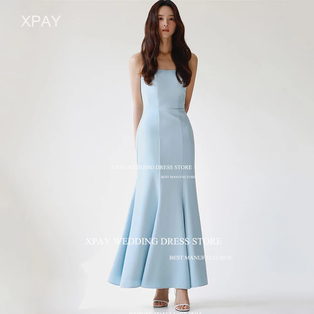 XPAY 3 Styles Sky Blue Korea Evening Dress sleeveless Corset Satin Wedding Party Gowns Photos Shoot Ankle Length Formal Dress