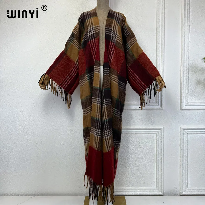 

WINYI new winter coat Africa women Retro plaid printed tassel cardigan long down coat Middle East kimono jacket fashion abaya