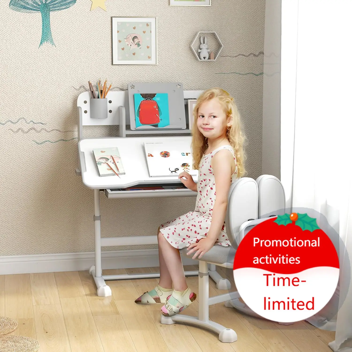 

Kids Desk and Chair Set, Height Adjustable Kids School Study Desk and Chair Set with Tilt Desktop, Storage Drawer and Reading Ra
