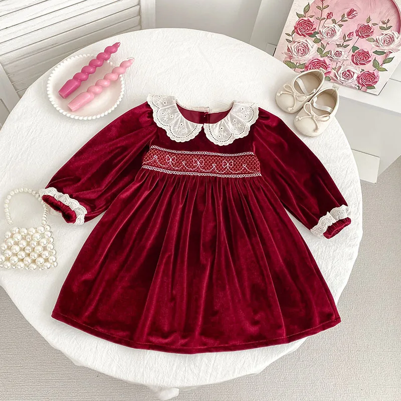 Christmas Girls Dress Spring and Autumn Long Sleeve Gathered Doll Collar Princess Dress Red Velvet Baby Girl Dress