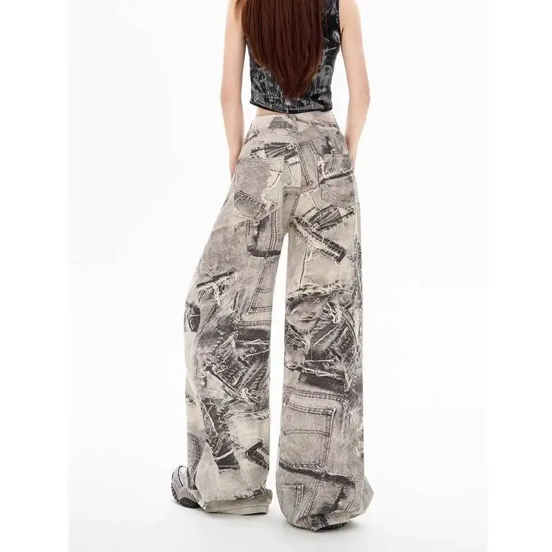 

Женские летние американские ретро-тайлики с принтом тай-дай, уличная одежда Y K, женские джинсы с высокой талией Haruku, свободные широкие джинсовые брюки, Pantalones