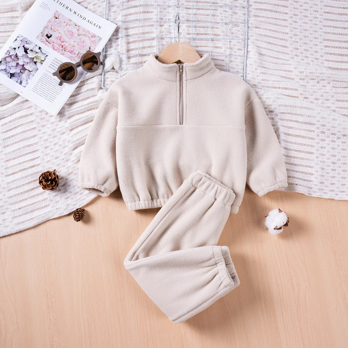 Winter Children\'s Fleece Suit Girls Boys Half Zipper Pullover Sweatshirt Casual Pants 2pcs Set 0-4T Solid Casual Clothing Set