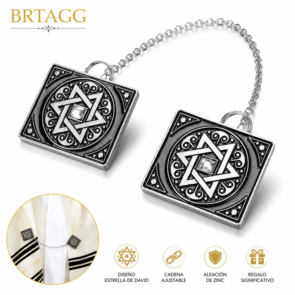 Star of David Tallit Clips, Adjustable Silver Tone, Jewish Prayer Shawl Accessory