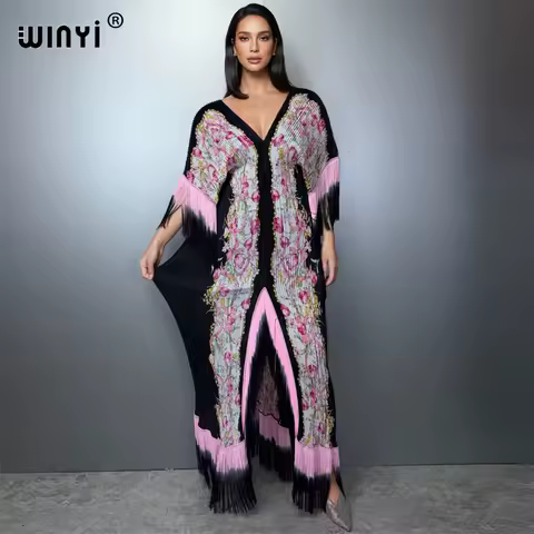 WINYI Pleated Elastic slim Fringed dress holiday beach cover up maxi kaftan abaya dubai luxury party dresses boho evening dress