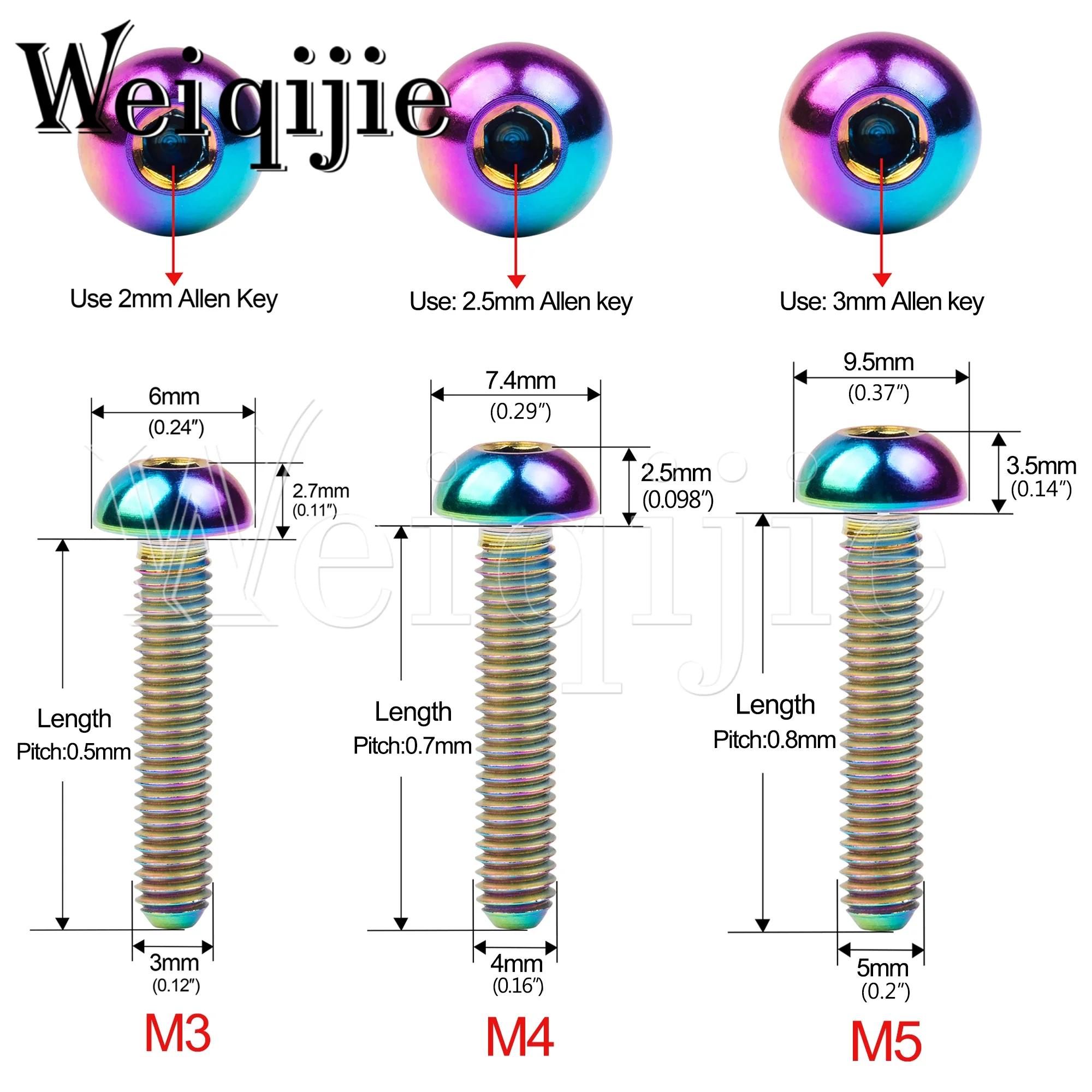 Weiqijie 티타늄 볼트 알렌 키, 자전거 병 케이지 고정 나사, M3, M4, M5 x 6, 8, 10, 12, 15, 18, 20, 25, 30mm