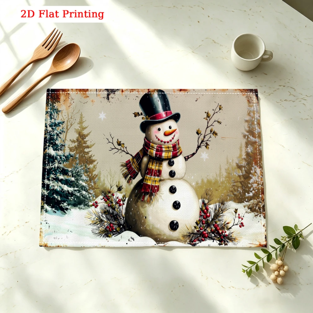 Snowman Winter Scene Print Kitchen Placemat Coaster Linen Pad Dish Coffee Cup Table Mat 30x40cm Home Decor