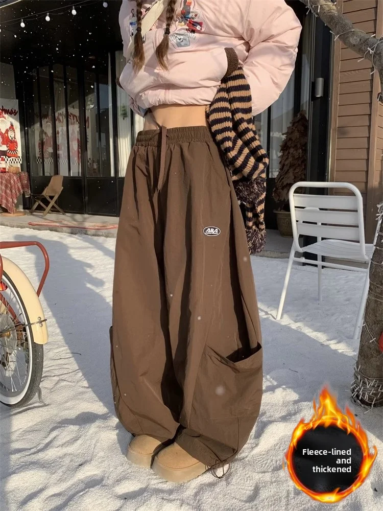 

American Street Style Fleece Lined Wide Leg Pants Women's Casual Loose Fit Autumn Winter New Design Sensation Trousers