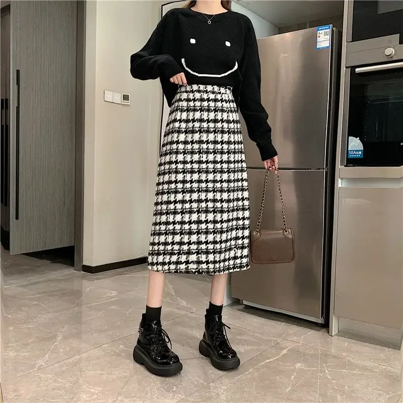 Houndstooth A-line Skirts Women Popular All-match Knitting Streetwear Korean Style High Waist Loose Vintage Casual Back-split