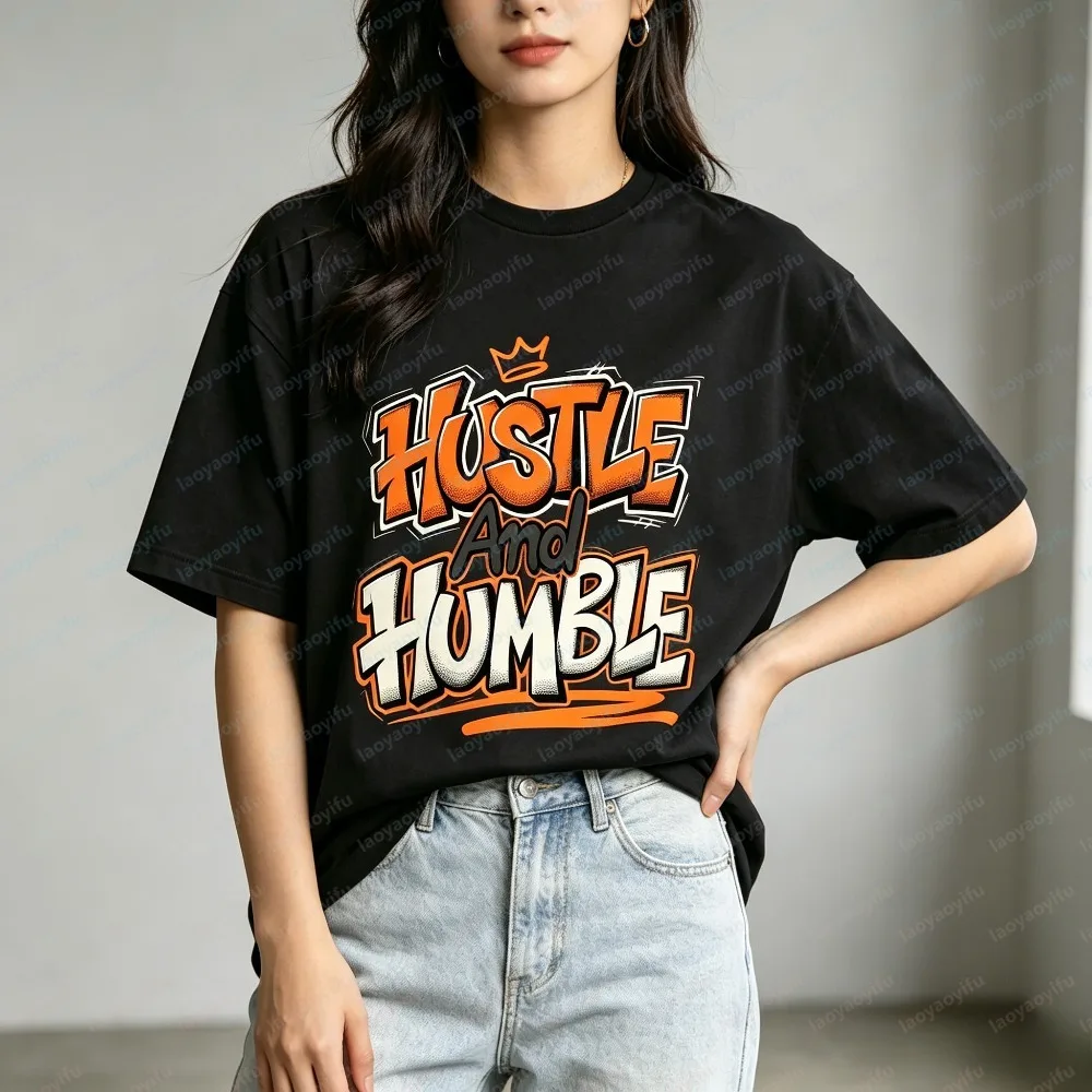 Summer Short Sleeve Fashion Unisex T-Shirt Orange Crown Graffiti Motivational Hustle Humble Print Tee Trendy Street Casual Tops