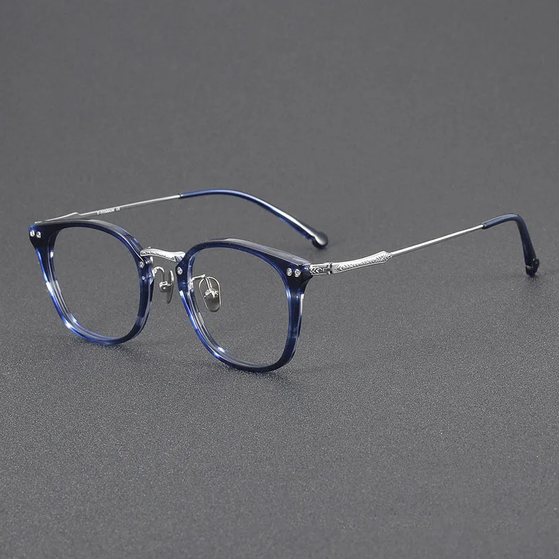 Fashion Blue Grey Print Transparent Square Acetate Pure Titanium Myopia Glasses Frame Men Women High-End Carved Screw Spectacles