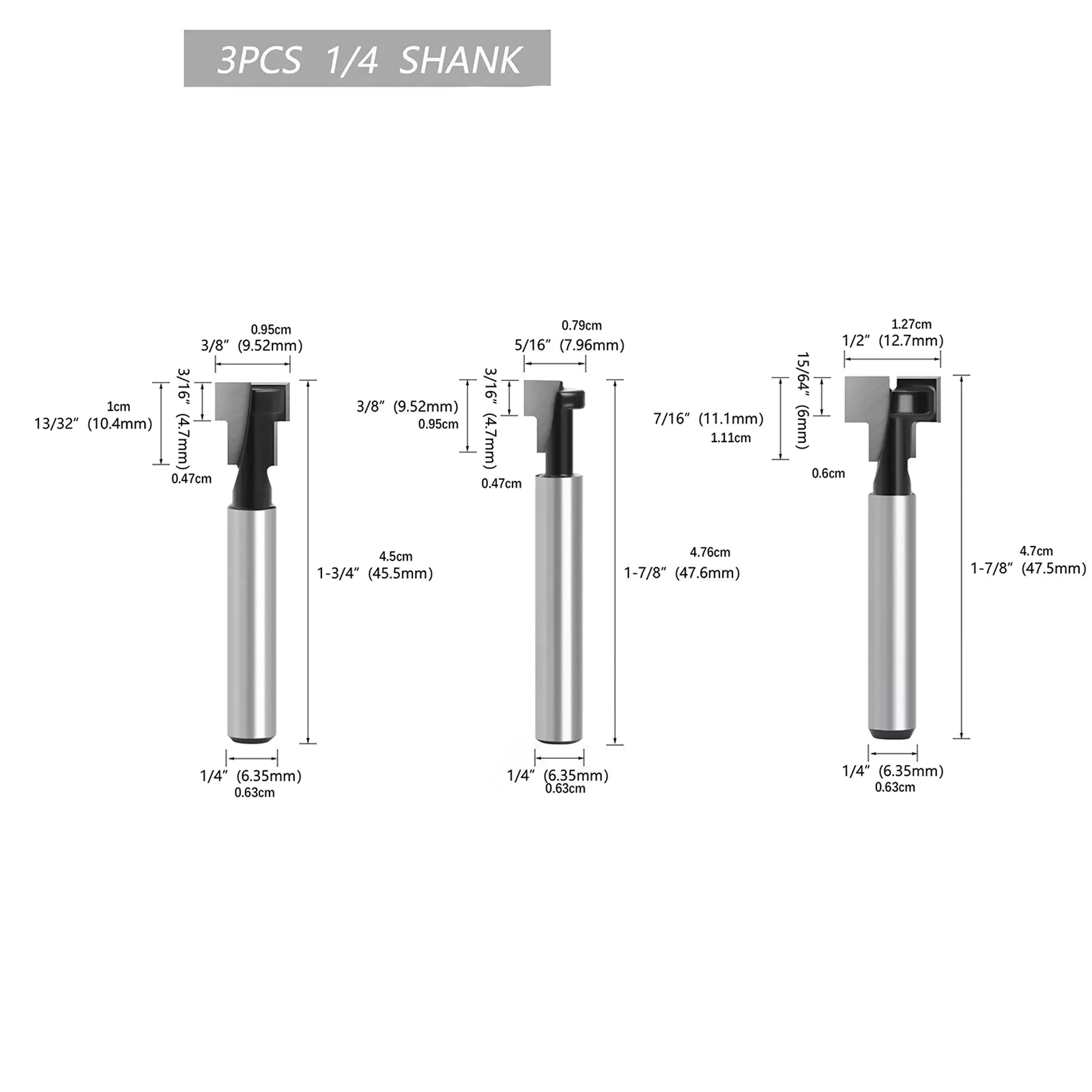 Carbide Round Nose Core Box Router Bit Set 3Pcs 1/4