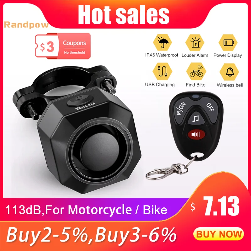 Randpow Motorcycle Bike Alarm Anti-theft Electric Remote Control 113dB Vibration Sound Waterproof Scooter Bicycle Security Alarm