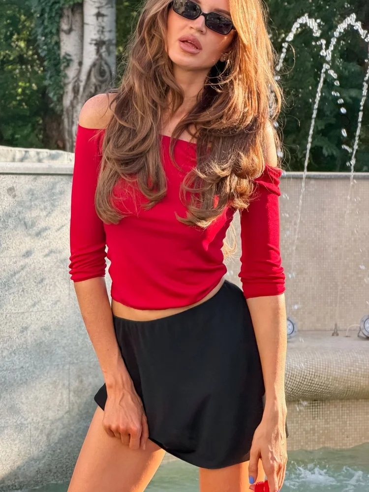 Red Off Shoulder Top Long Sleeve Three Quarter Sleeve Cropped Knit Form Fitting Daily Casual Summer Brushed Stretchy Soft Top