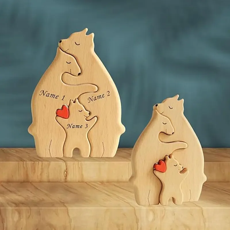 Bear Family Wooden Art Puzzle Sculpture, DIY Assembly Desk Ornament, Cute Home Desktop Decor, Mothers Day Gift, Family Keepsake
