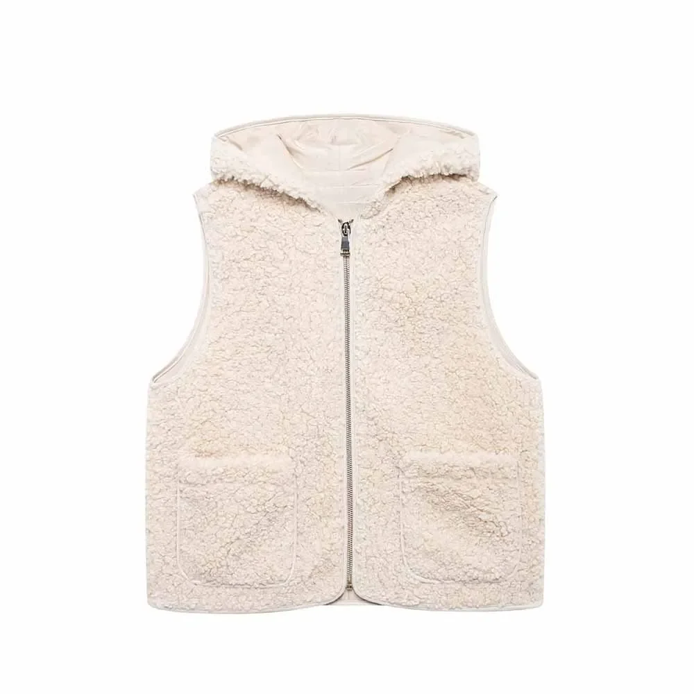 Women's new fashion pocket decoration casual warm hooded fleece vest coat retro sleeveless zipper women's vest chic top