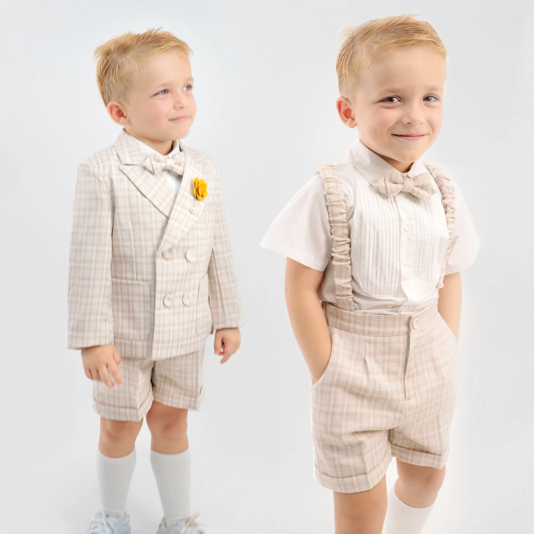 Baptism Suit for Baby Boy Khaki plaid Formal Jacket Infant Gentleman Clothing Set Outfit Wedding 1st Birthday Party Dress Suit