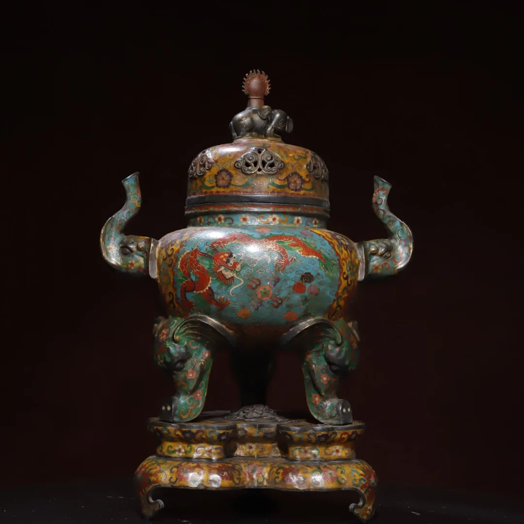 

21"Tibetan Temple Collection Old Bronze Cloisonne Enamel Flower Pattern Elephant statue Elephant Trunk Ear Incense Burner Base