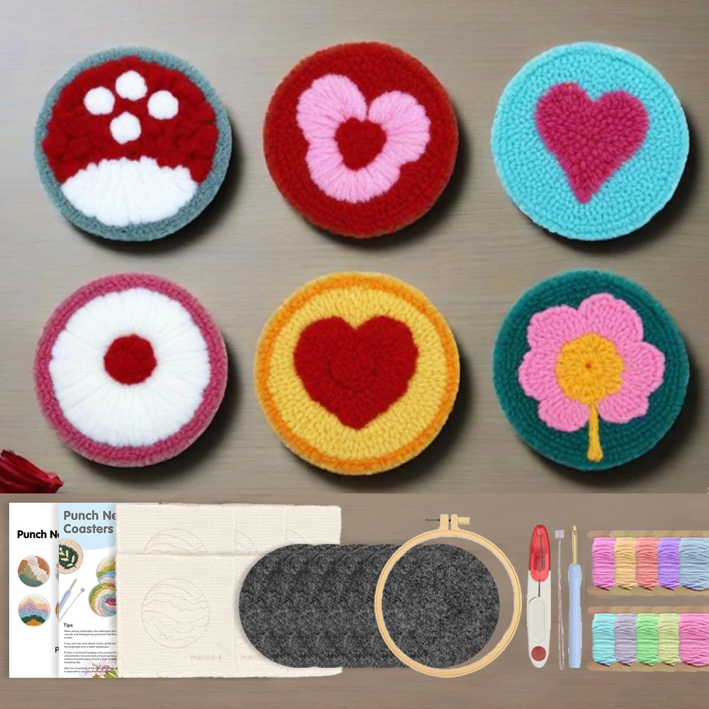 

DIY Punch Needle Coaster Kits for Beginners Flower with Hoop Embroidery Punch Needle Starter Craft Set Easy for Adults Gift
