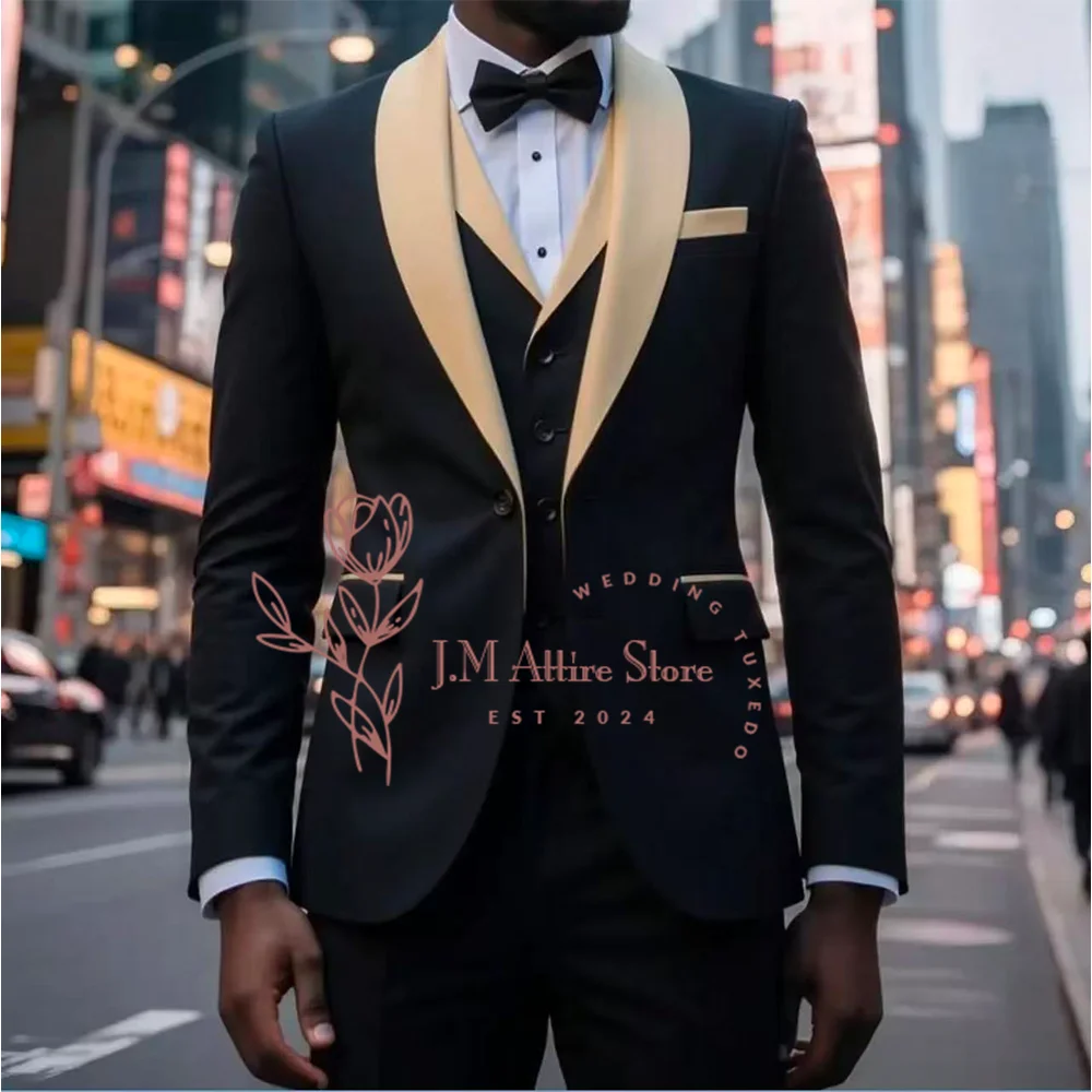 

Формальный мужской черный костюм из трех предметов, атласная шаль с лацканами, зимняя ткань, облегающий костюм премиум-класса для ужина для свадьбы, жениха, куртка, жилет, брюки, комплект