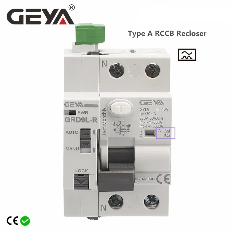 GEYA GRD9L-R Type A RCCB Auto Recloser 40A 63A 30mA 100mA 300mA Safety Breaker Diferencial Rearmable Automatico