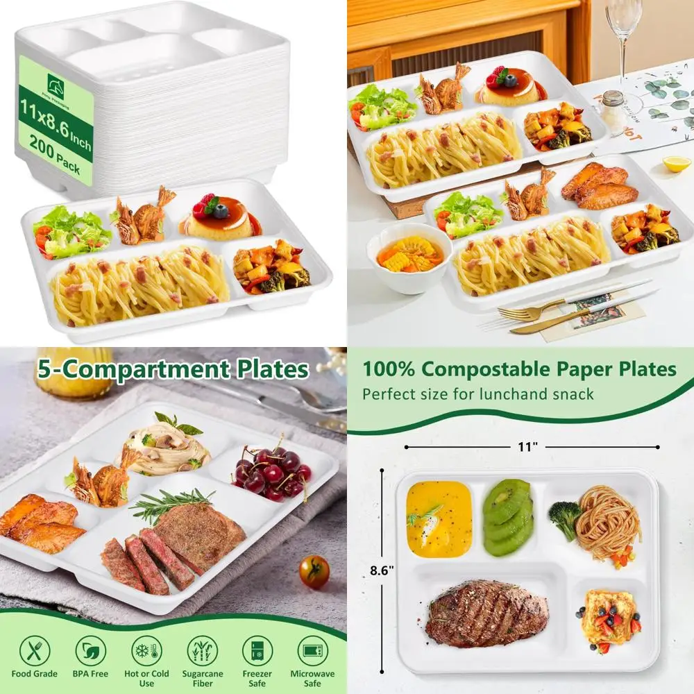 

Компостируемые бумажные тарелки с 5 отделениями — упаковка 200 шт., сверхпрочная биоразлагаемая сахарная трость, 11x8,6 дюйма, белые одноразовые подносы